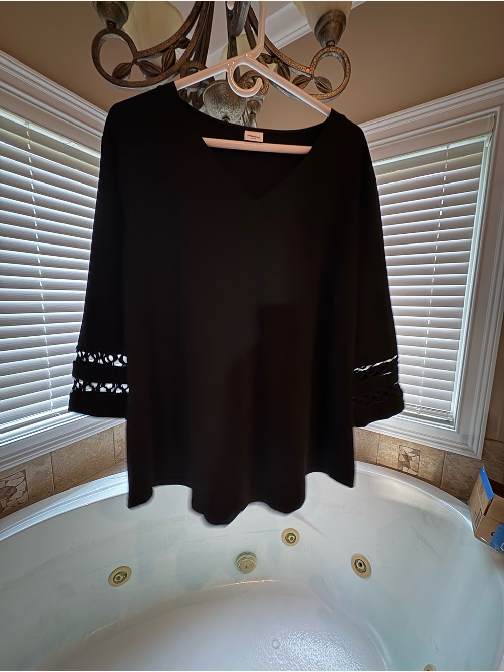 Women's V-Neck Black Tunic with Eyelet Sleeve Trim